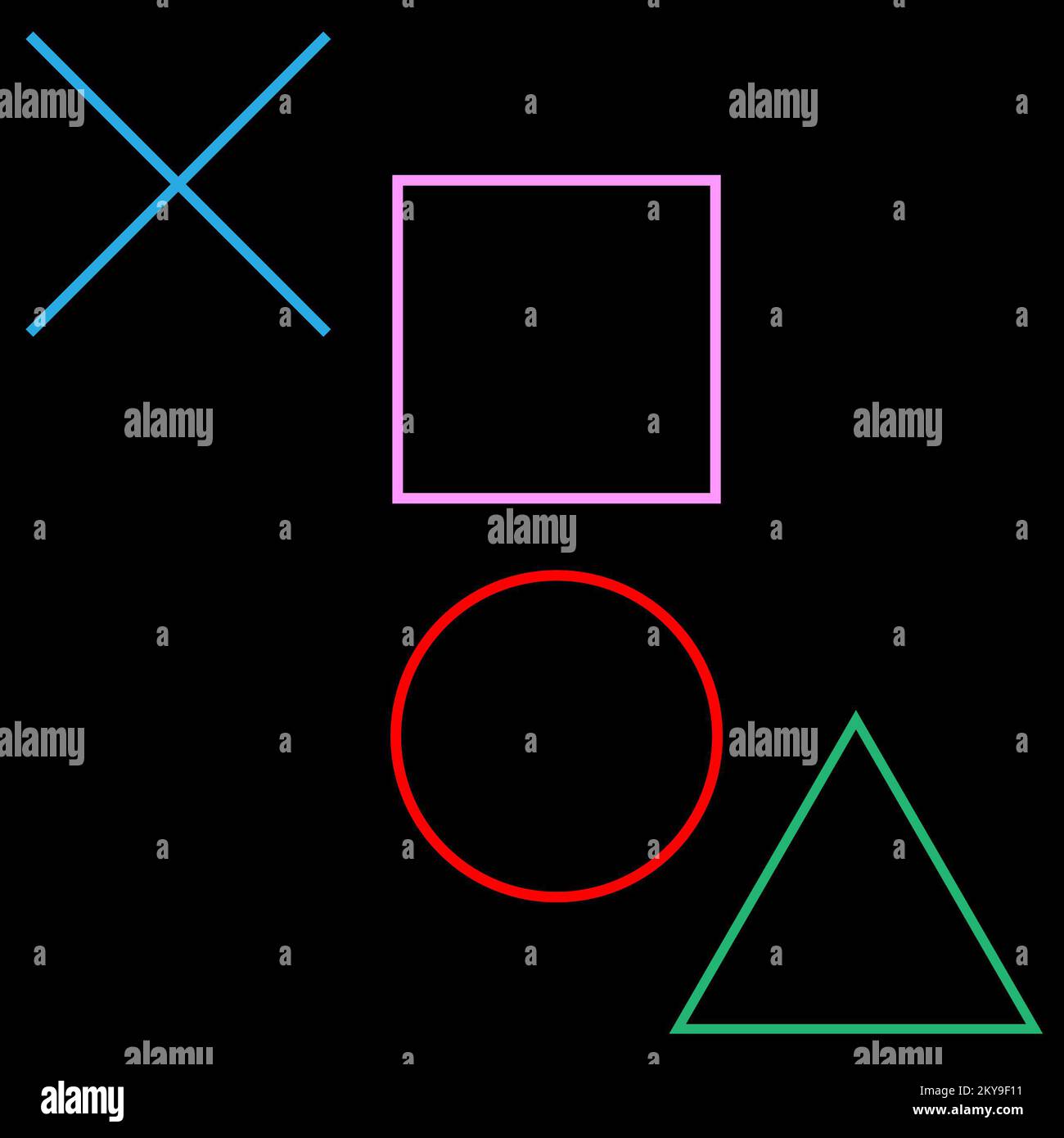 Gamepad-Buttons, Gamepad-Schilder, playstation-Buttons, Dreieck, Quadrat, Circle und X, geeignet für Gamer, Gaming-Club und soziale Medien Stockfoto