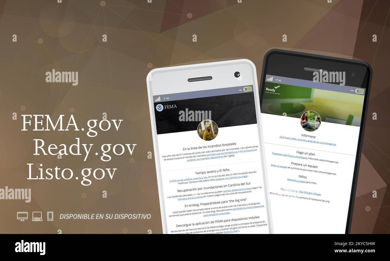 ESTA Gráfica promueve las nuevas páginas Web de FEMA.gov, Ready.gov y Listo.gov adaptadas para dispositivos y plataformas móviles.. ESTA gr&aacute;fica promueve las nuevas p&aacute;ginas Web de FEMA.gov, Ready.gov y Listo.gov adaptadas para dispositivos y plataformas m&oacute;Villen. Version en ingl&eacute;s: „FEMA.gov, Ready.gov now mobile enabled“. Fotos zu Katastrophen- und Notfallmanagementprogrammen, Aktivitäten und Beamten Stockfoto