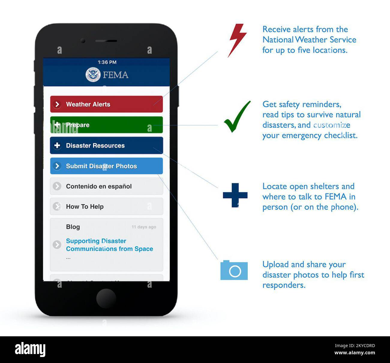 Infografik zur Werbung für die FEMA-App (Version 2,7, veröffentlicht am 6. April 2016) die FEMA-App ist Ihre zentrale Anlaufstelle mit Tools und Tipps, um Sie vor, während und nach Katastrophen zu schützen. Bleiben Sie mit Wettermeldungen aus den USA auf dem Laufenden Nationaler Wetterdienst. Laden Sie Ihre Katastrophenfotos hoch und teilen Sie sie, um Notfallmanagern zu helfen. Speichern Sie eine individuelle Liste der Gegenstände im Notfallset Ihrer Familie sowie die Orte, an denen Sie sich im Notfall treffen werden. Erhalten Sie Tipps zu Aktivitäten vor, während und nach über 20 Arten von Katastrophen. Und suchen Sie nach offenen Unterkünften und wo Sie mit der FEMA in Pers. Sprechen können Stockfoto