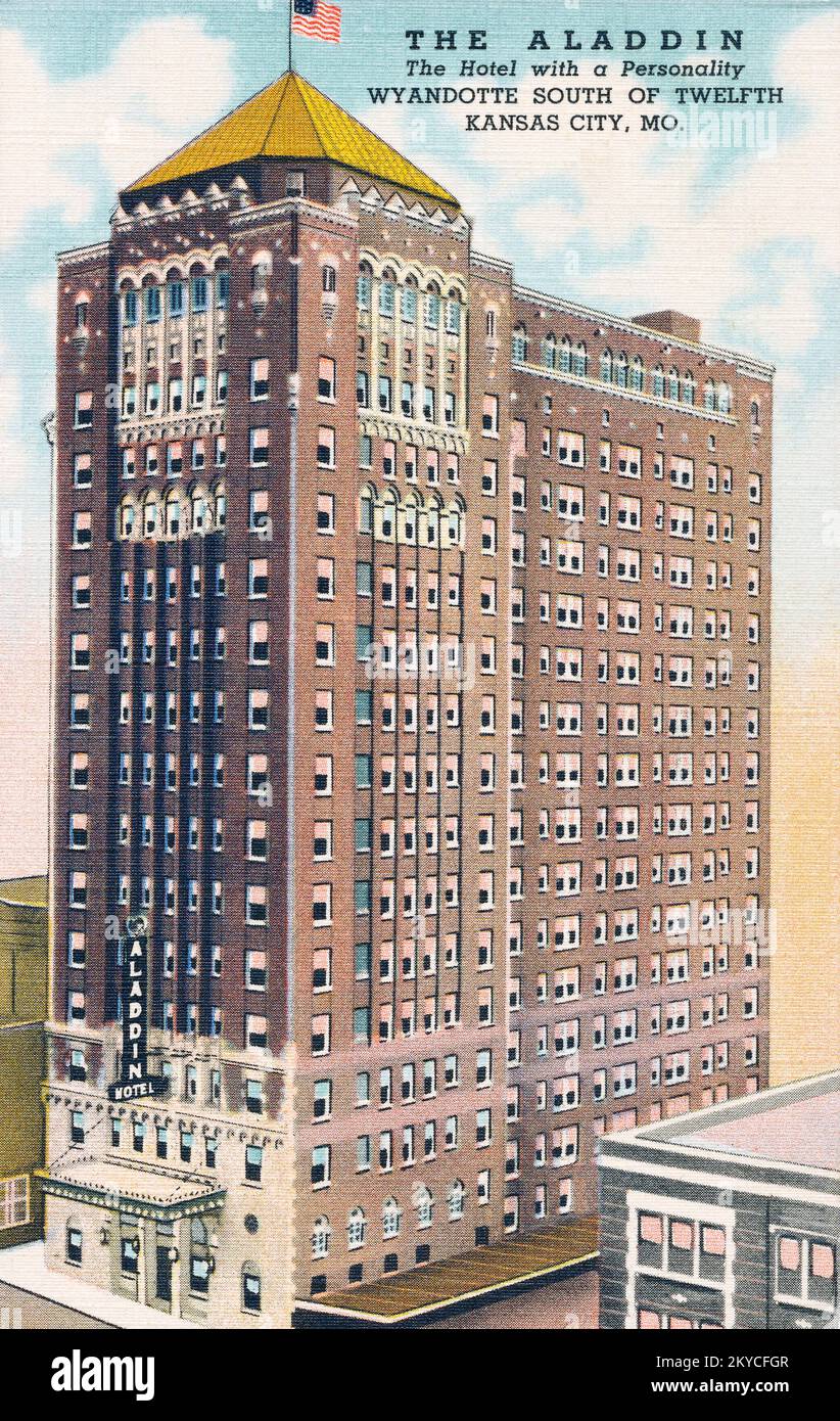 Alte US-Postkarte des Aladdin Hotels in 1215 Wyandotte Street, Kansas City, Missouri. Stockfoto