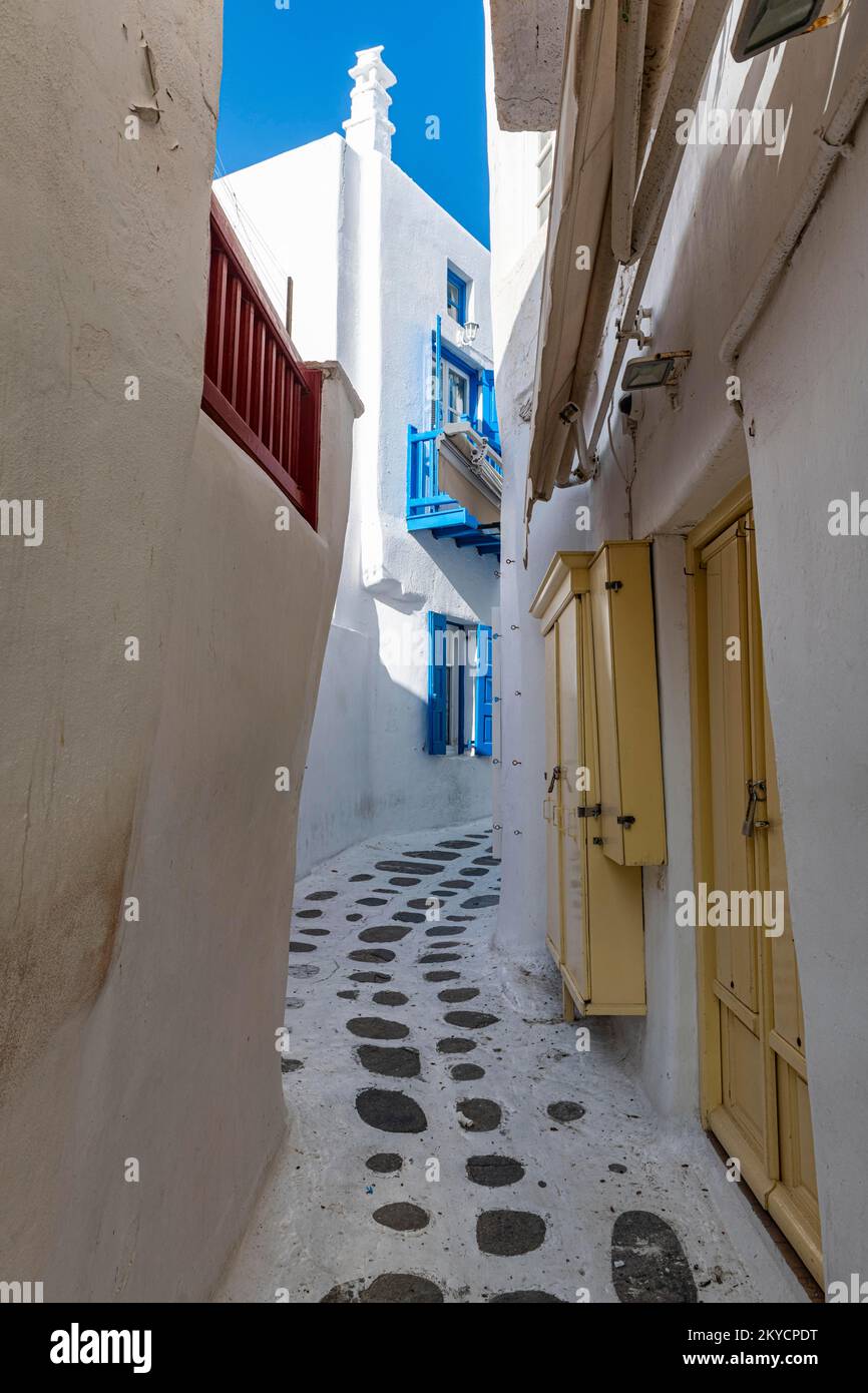 Die weiß getünchte Altstadt von Horta, Mykonos, Griechenland Stockfoto