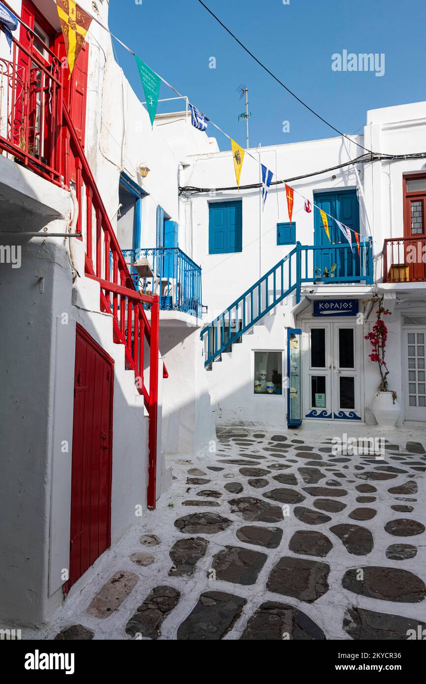 Die weiß getünchte Altstadt von Horta, Mykonos, Griechenland Stockfoto