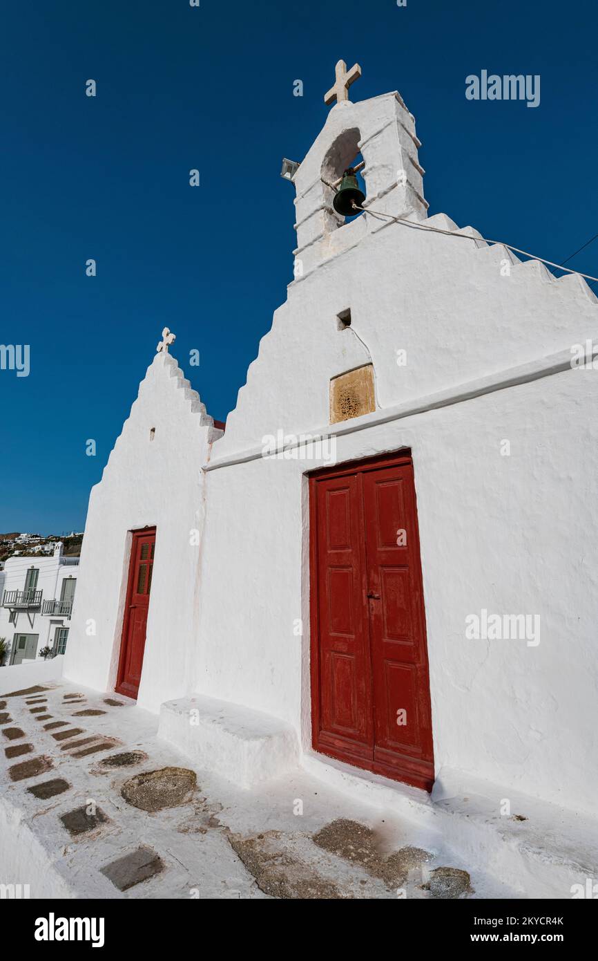 Weiß getünchte Kirche, Horta, Mykonos, Griechenland Stockfoto