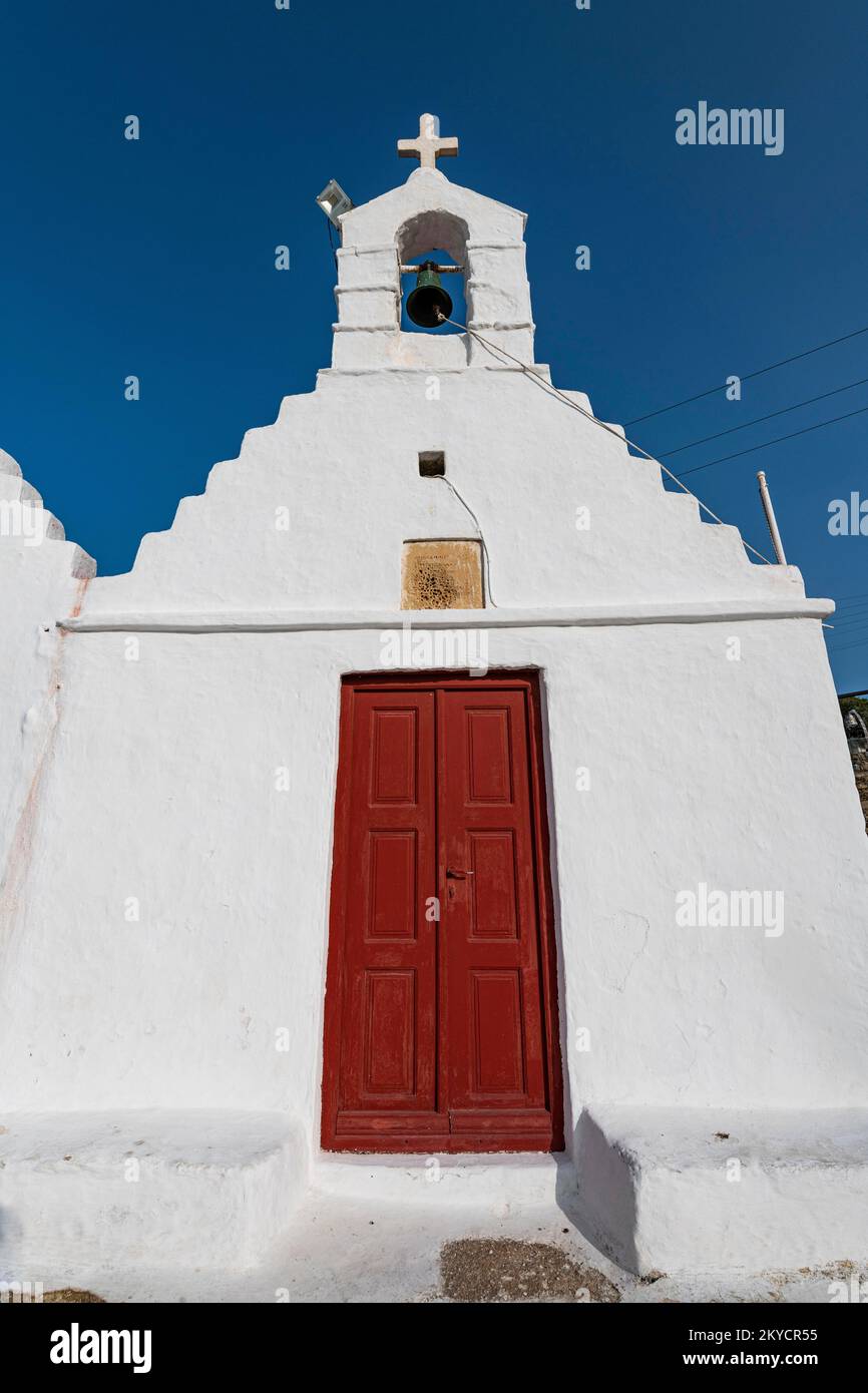 Weiß getünchte Kirche, Horta, Mykonos, Griechenland Stockfoto