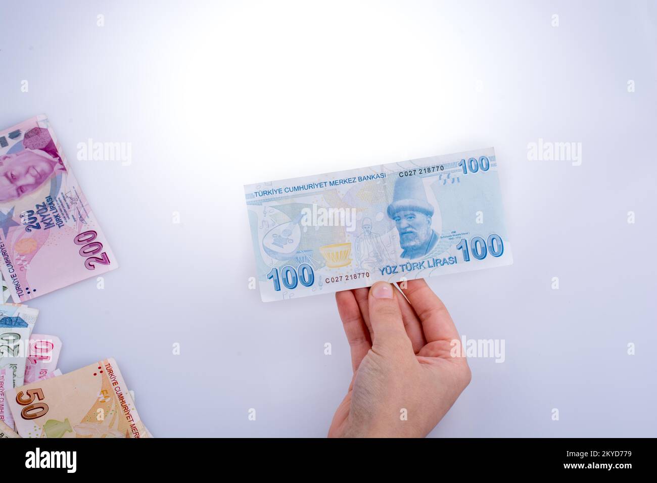 Hand mit Turksh Lira-Banknote auf weißem Hintergrund Stockfoto