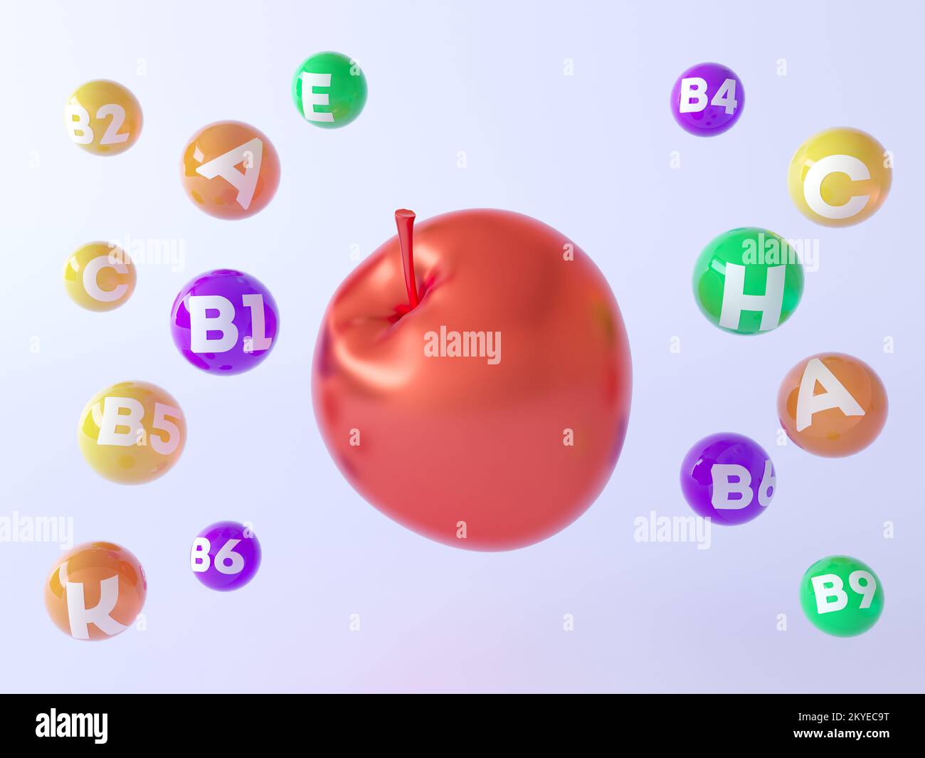 Apple Infografiken Poster, Apple Fruit 3D Illustration. Vitamine, Mineralien, Bälle. Gesundheitliche Vorteile von Apple. Infografik zu den Nährstoffen von Äpfeln. Infografiken Stockfoto