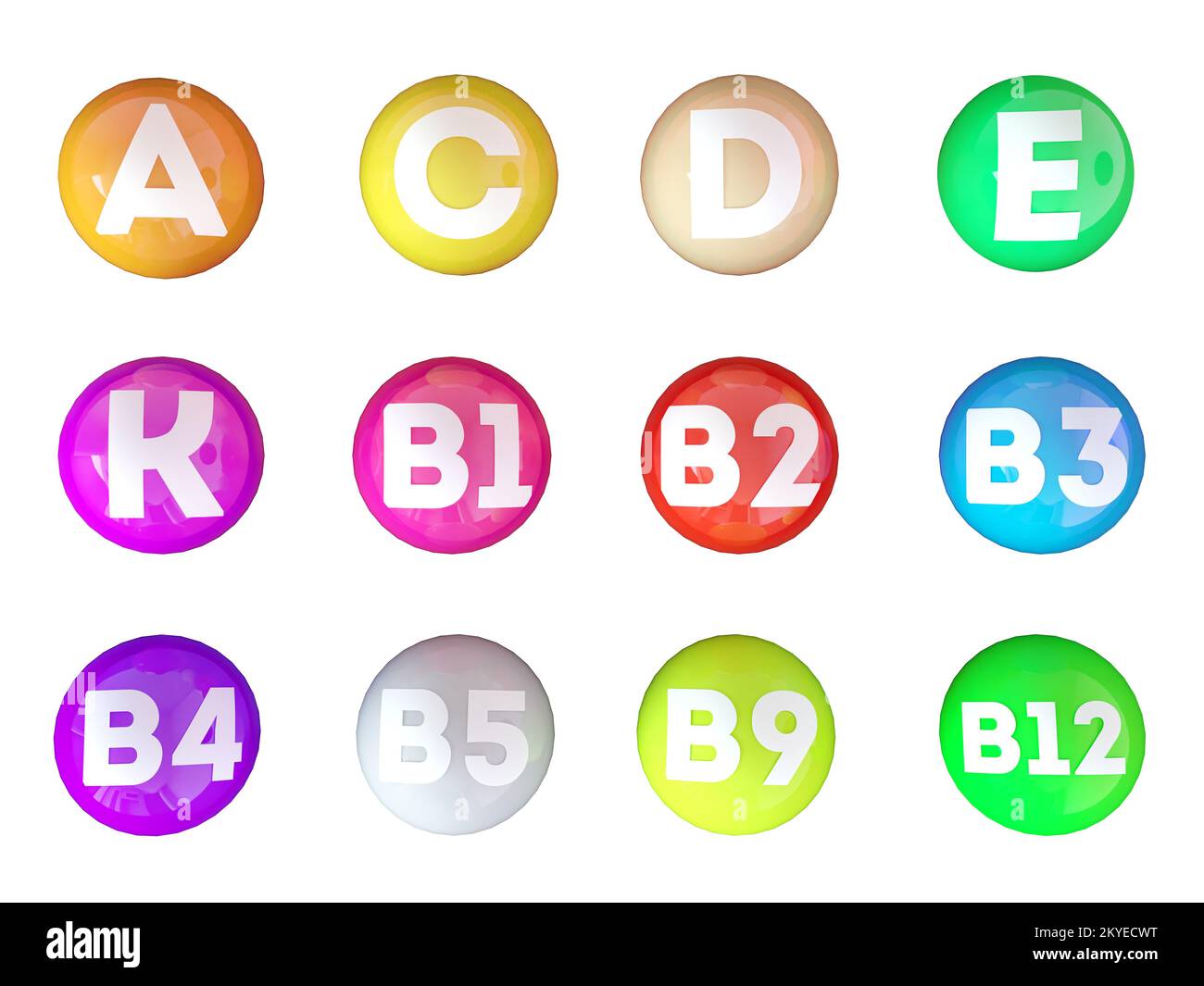 Satz von Symbolen für Multi-Vitamin-komplexe. Verschiedene Vitaminkugeln auf weißem Hintergrund. Vitamin A, Gruppe B1, B2, B3, B4, B5, B9, B12, C, D, E, K. Vegan Stockfoto