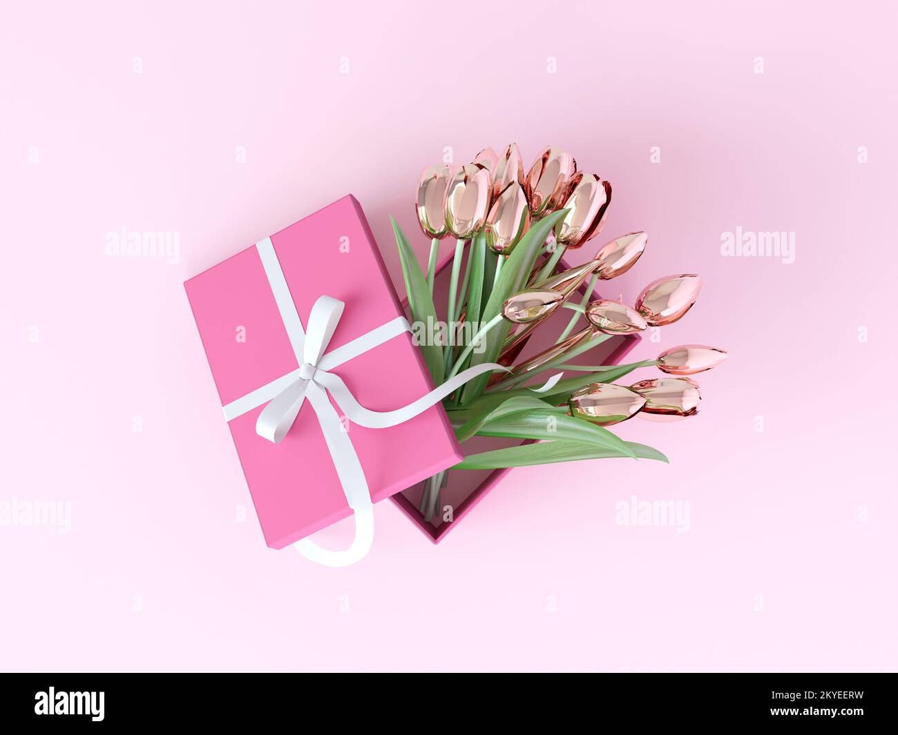 Goldene Tulpen in einer Geschenkbox mit Schleife aus Satinband auf pastellrosa Hintergrund, Draufsicht. Kopierbereich, abbildung 3D. Blick von oben, minimales Konzept. Stockfoto