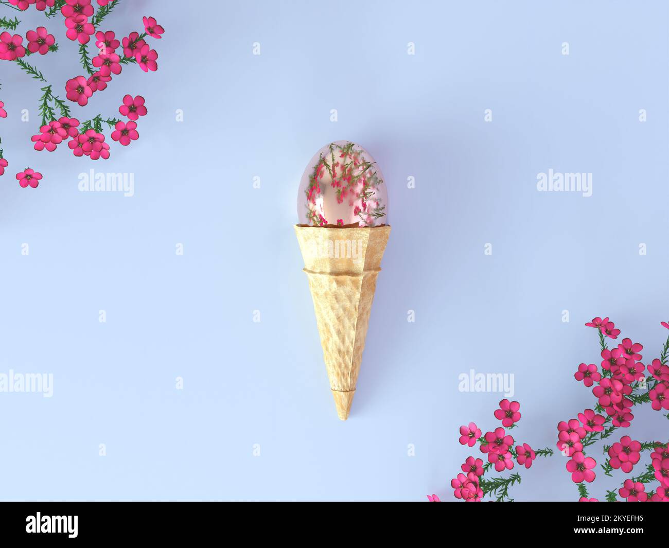 Kreative Idee ostereis mit pinkfarbenen kleinen Blumen auf blauem Hintergrund. Minimalkonzept, yop-View. Pink-Metallic-Ei mit Reflexion. 3D Stockfoto