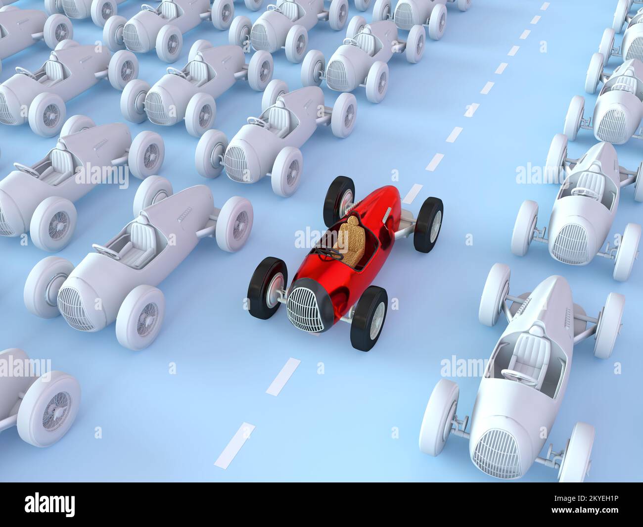 Leadership Concept, der schnellste Rennwagen, Geschäftswachstum. Heben Sie Sich Von Der Masse Ab. Rotes Spielzeugauto aus Metall. 3D-Rendering des horizontalen Hintergrunds. Stockfoto