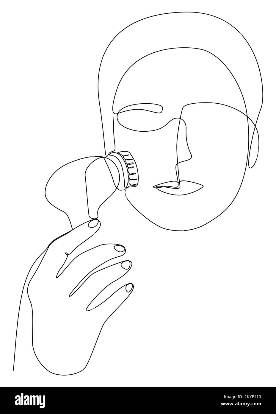 Eine Frau, die sich fortlaufend mit einer Bürste reinigt, ihr Gesicht schrubbt und massiert. Vektorkonzept zur Darstellung dünner Linien. Kontur Zeichnen kreativer Ideen. Stock Vektor