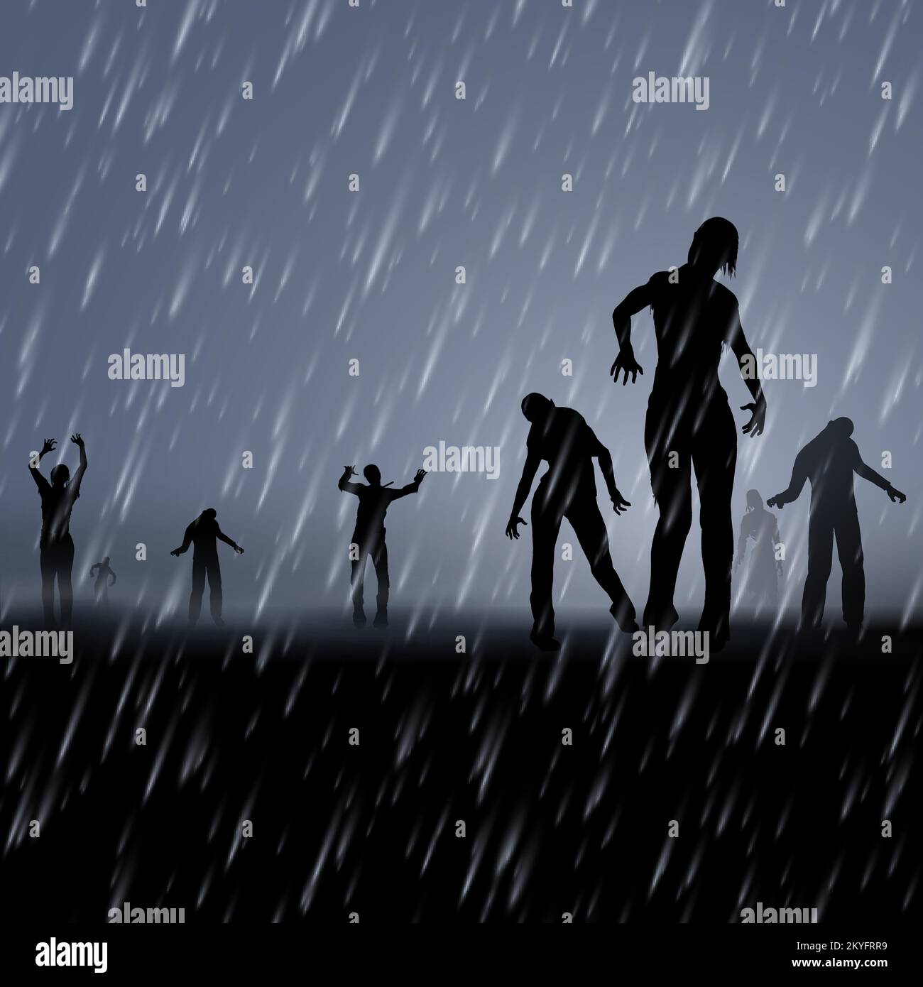 Zombie läuft nachts bei Regen. Schwarze Silhouetten Illustration für das kreative Halloween-Poster Stock Vektor