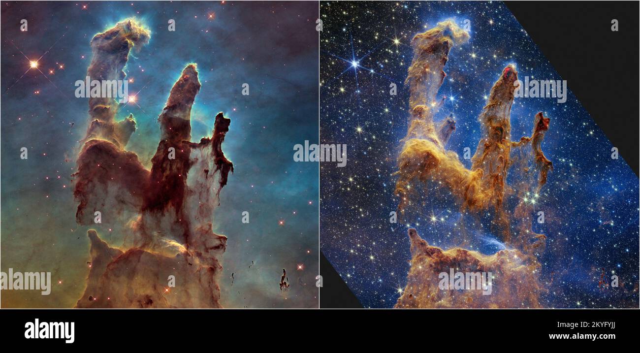 Die Säulen der Schöpfung, eine kleine Region innerhalb des riesigen Adlernebels, der 6.500 Lichtjahre entfernt liegt, erscheinen in einem Kaleidoskop von Farben in der Nahinfrarot-Lichtansicht des NASA/ESA/CSA James Webb Space Telescope, die am 19. Oktober 2022 veröffentlicht wurde. Diese Szene wurde erstmals 1995 vom NASA/ESA Hubble Space Telescope und erneut 2014 sowie von anderen erstklassigen Observatorien aufgenommen. Jedes fortschrittliche Instrument bietet Forschern neue Details über diese Region, die praktisch von Sternen überfüllt ist, zu verführen. NASA/ESA/UPI Stockfoto