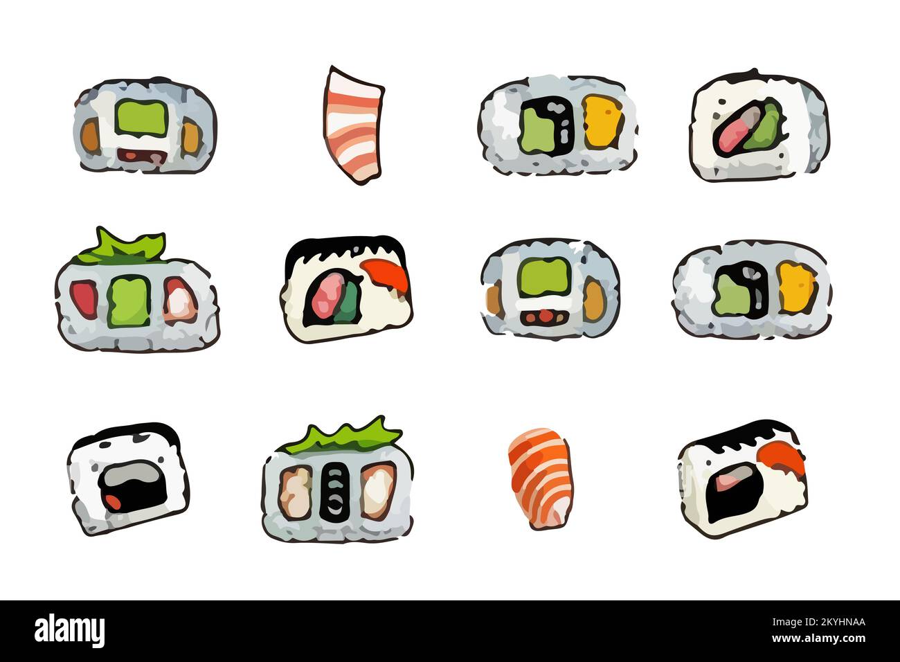 Vector-Sushi-Set. Brötchen Temaki und inari. Tolle Auswahl verschiedener Sushi-Arten, isoliert auf weißem Hintergrund. Stock Vektor