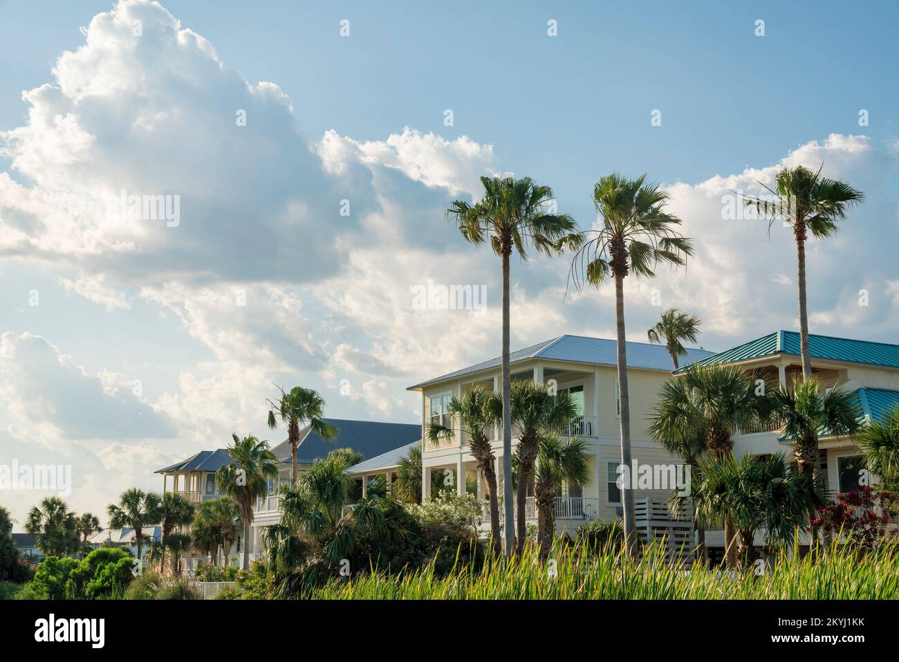 Leichte, flauschige Wolken über dem Wohngebiet in der Nähe des Sees in Destin, Florida. Es gibt einen Blick auf hohe Gräser vorne in der Nähe der Palmen und Stockfoto