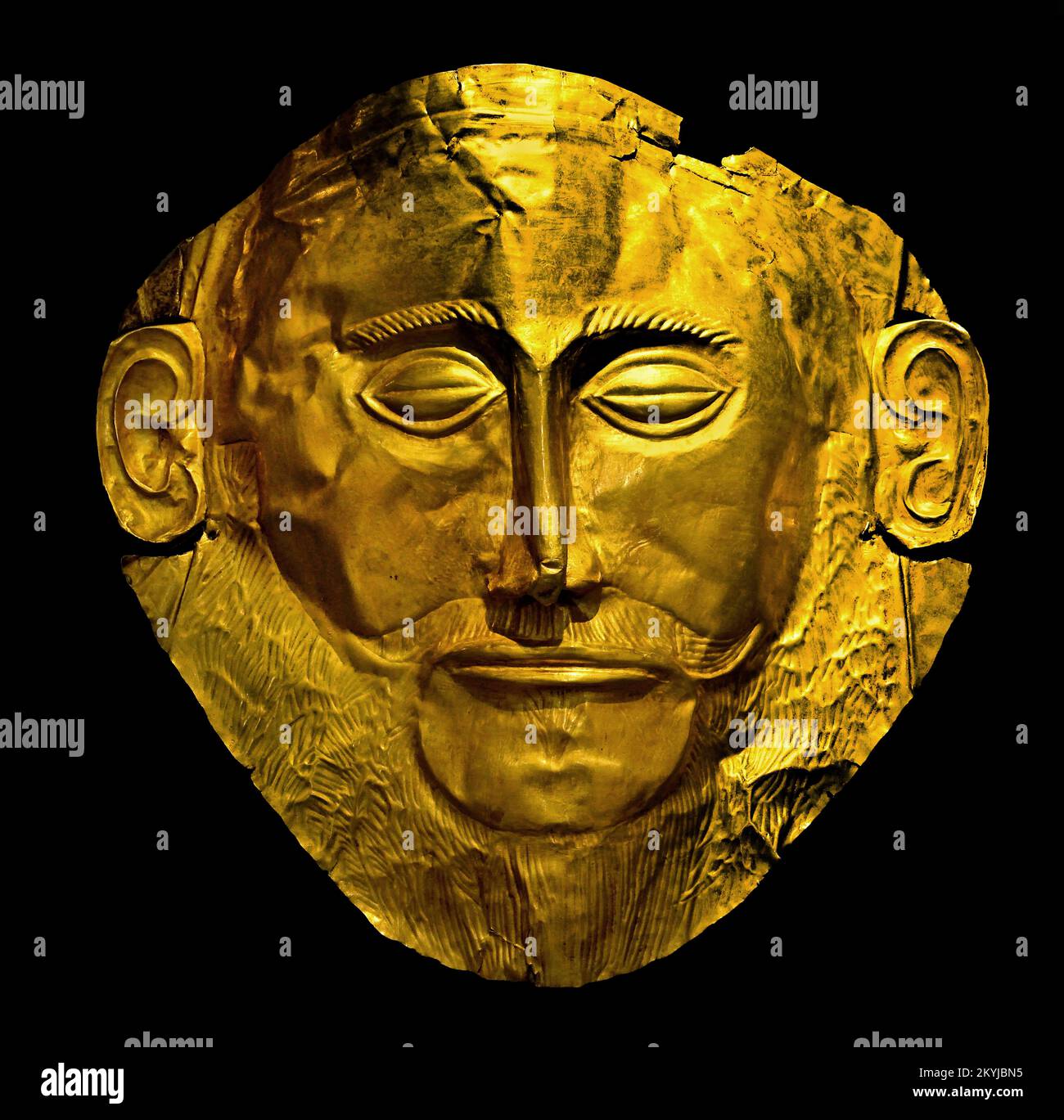 Goldene Totenmaske, Maske von Agamemnon, Mykene, Grabkreis A, Grab V, 16. Cent. BC, Mykenisches Griechenland, Mykenische Zivilisation, Bronzezeit im antiken Griechenland 1750 bis 1050 v. Chr., Mykenae, Archäologisches Nationalmuseum in Athen. Stockfoto