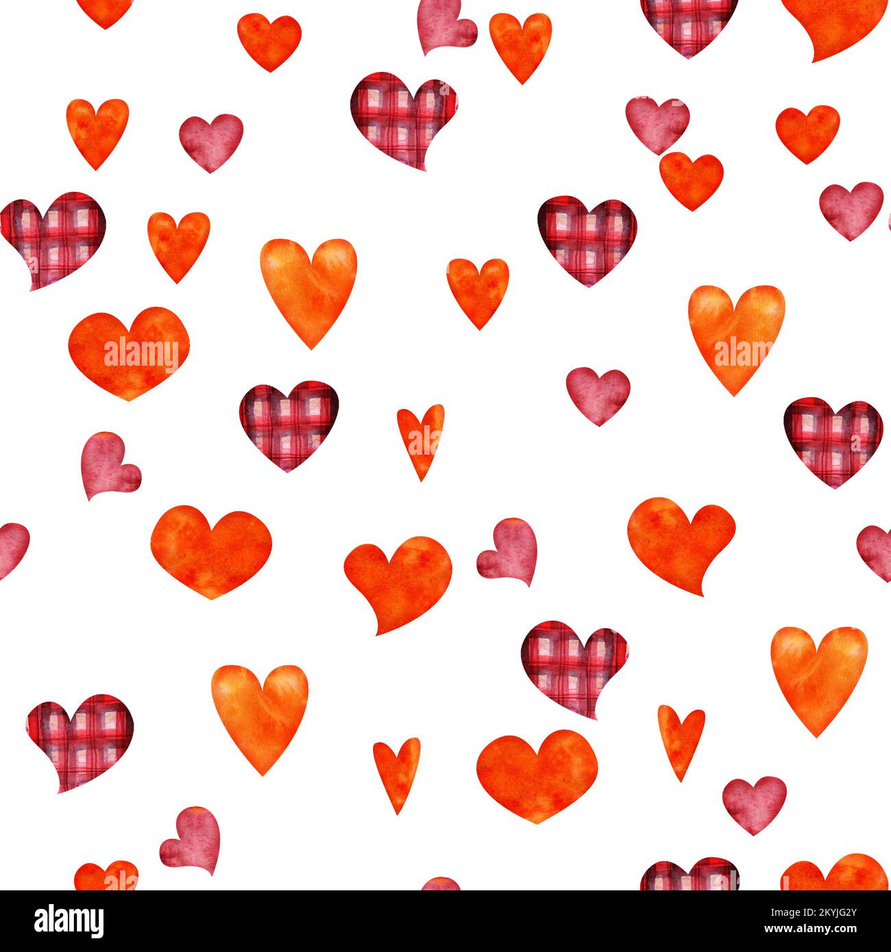 Wasserfarbenes, handgezeichnetes Nahtloses Muster aus roten, orangefarbenen und karierten Herzen zum Valentinstag. Isoliert auf weißem Hintergrund. Design für Papier, Liebes Stockfoto