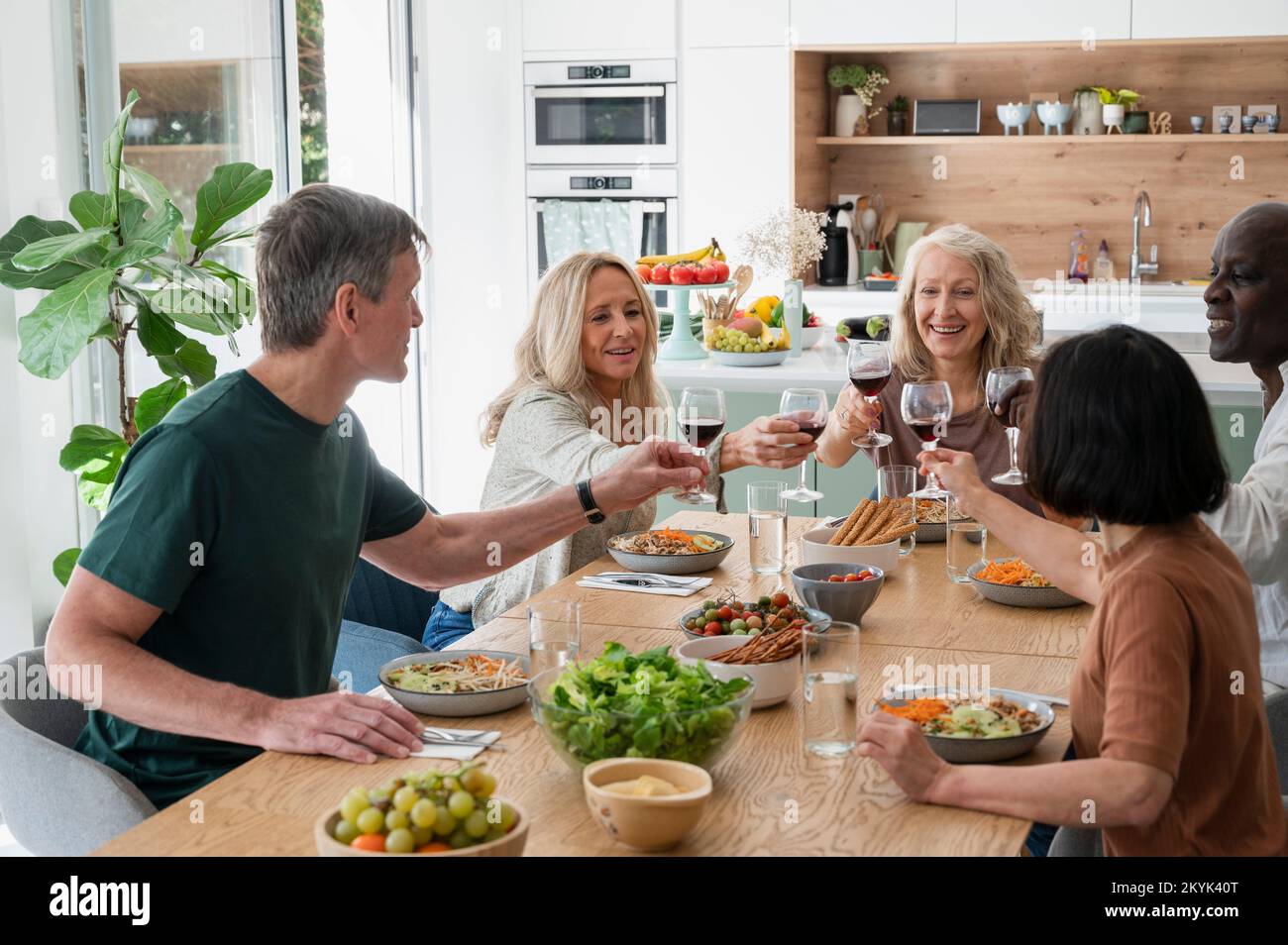 Diverse group of senior friends making a toast while enjoying a meal together at home Stockfoto