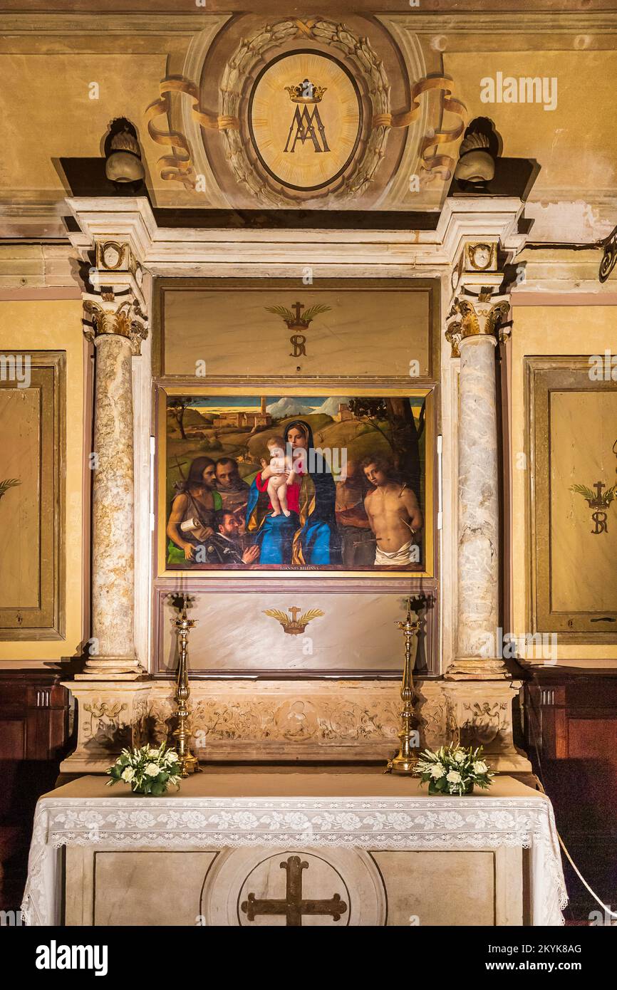 Italien Venetien - Kirche San Francesco della Vigna (1554) - Heilige Kapelle - Giovanni Bellini - "Madonna und Kind mit vier Heiligen und Spender" Stockfoto