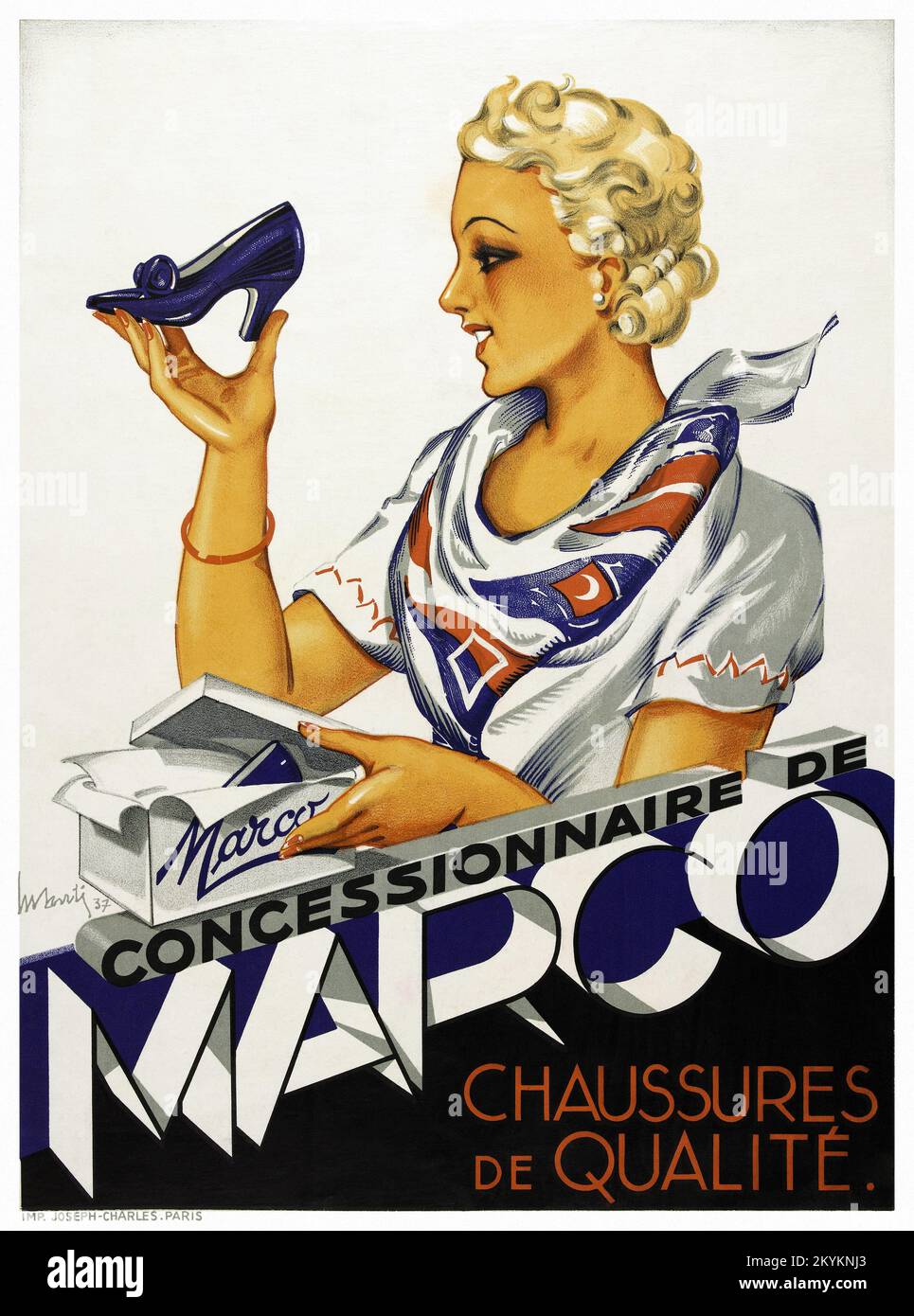 Konzessionär de Marco. Chaussures de qualité von Marcel Santi (1897-1986). Poster wurde 1937 in Frankreich veröffentlicht. Stockfoto
