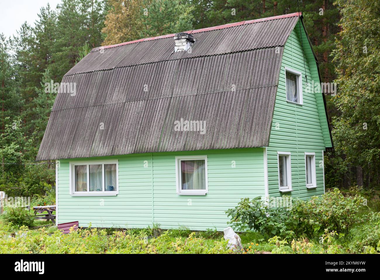 Kleines Land Sommerhaus mit grüner Außendekoration Stockfoto