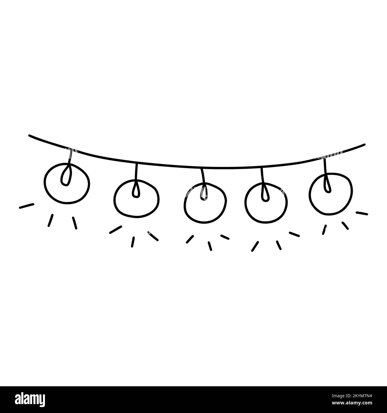 Girlande mit Glühbirnen. Weihnachtsdekoration und Neujahrsdekoration. Schwarz-Weiß-Vektor isolierte Illustration handgezeichnetes Doodle. Festliche Elefanten der Saison Stock Vektor