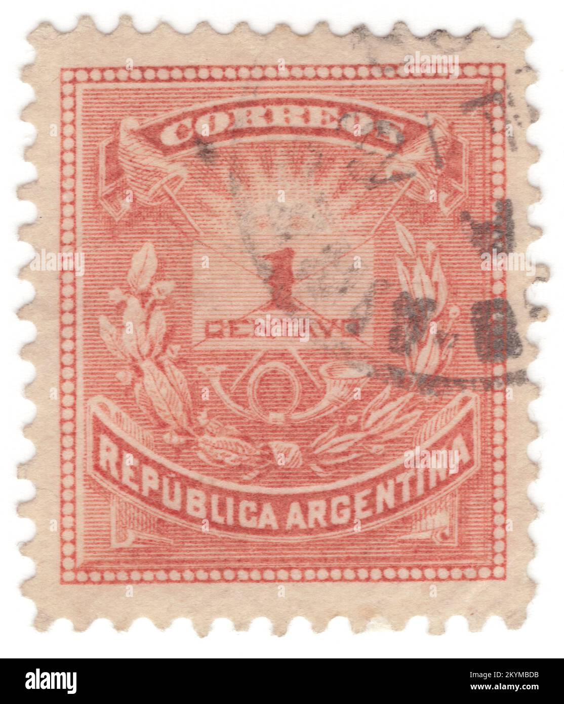 ARGENTINIEN - 1882: 1 Centavo-rote Briefmarke mit Allegoriezusammensetzung mit Sonnenaufgangsgesicht, Jacobankappen, Briefumschlag, Hörnern und Lorbeerästen. Argentinien, offiziell die Argentinische Republik, ist ein Land in der südlichen Hälfte Südamerikas. Es teilt sich den Großteil des Südkegels mit Chile im Westen und grenzt auch an Bolivien und Paraguay im Norden, Brasilien im Nordosten, Uruguay und den Südatlantik im Osten und die Drake Passage im Süden Stockfoto