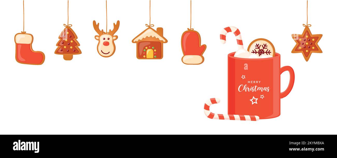 weihnachtskarte mit aufgehängten Lebkuchengebäck und Kakaogetränk Stock Vektor