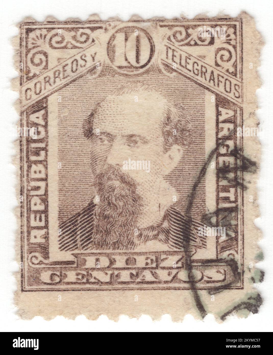 ARGENTINIEN - 1890: Braune Briefmarke von 10 Centavos mit Porträt von Nicolas Remigio Aurelio Avellaneda Silva. Er war argentinischer Politiker und Journalist und von 1874 bis 1880 Präsident Argentiniens. Avellanedas Hauptprojekte während seiner Amtszeit waren Banken- und Bildungsreformen, die zu Argentiniens Wirtschaftswachstum führten. Die wichtigsten Ereignisse seiner Regierung waren die Eroberung der Wüste und die Umwandlung der Buenos Aires in einen Bundesbezirk. Sein Enkel war Jose Domingo Molina Gomez, der die Präsidentschaft übernahm, als Juan Peron gefangen genommen wurde Stockfoto