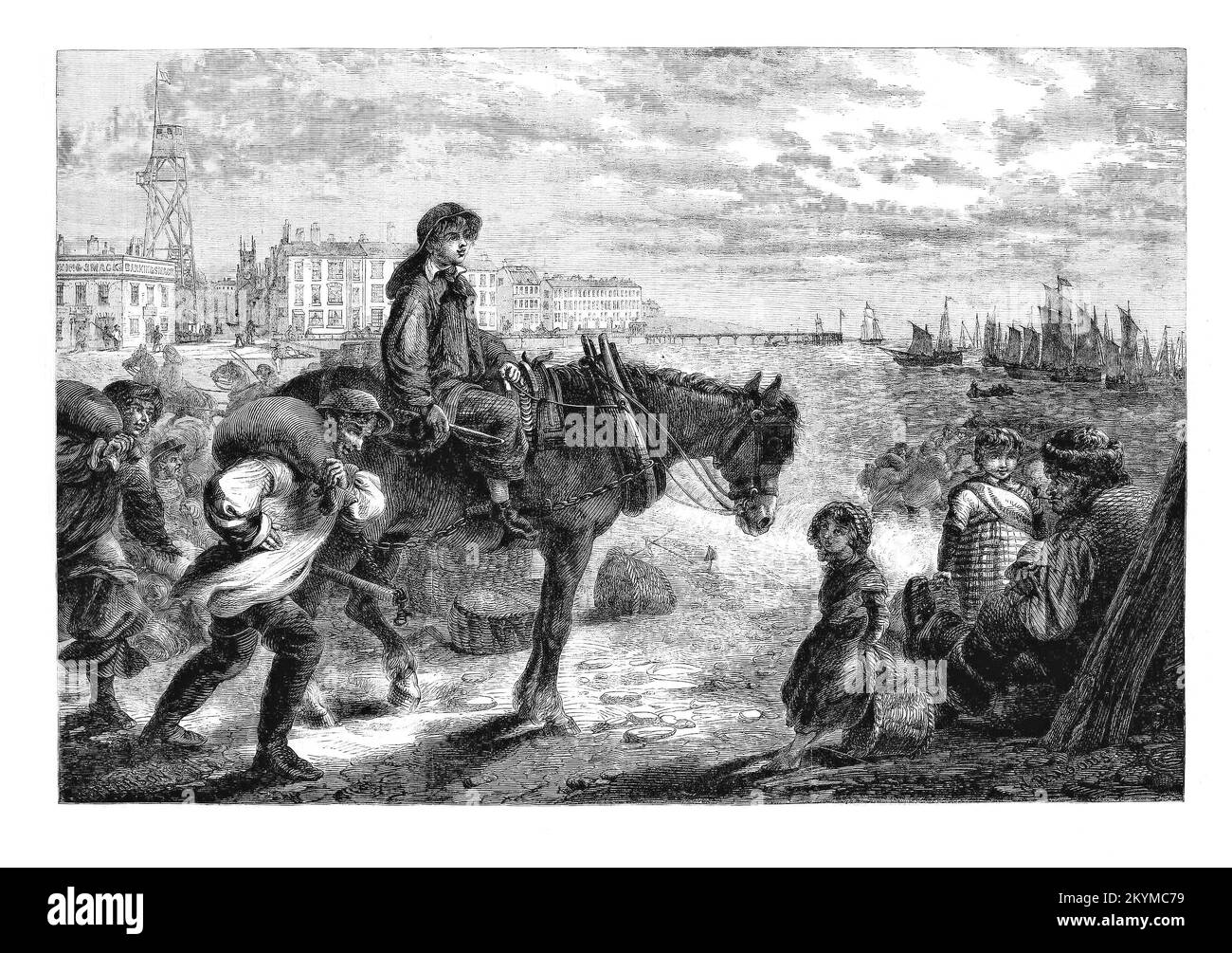 Die frühe Ankunft der ersten Heringsboote der Saison 1861 in Great Yarmouth, einst der wichtigste Heringshafen der Welt. Die Blütezeit und der Wohlstand von Yarmouth beruhten auf der großen Heringsflotte, die ihren Höhepunkt Anfang des 20.. Jahrhunderts mit etwa 1.000 Schiffen erreichte, die 2.000 Millionen Fische in einer Saison an Land brachten. Mehr als 6.000 Saisonarbeiter, hauptsächlich schottische Fischermädchen, würden nach Yarmouth strömen, um Fische in Fässern auszuweiden und zu salzen, die für den Export nach Norwegen, Sowjetrussland und Deutschland bereit waren. Stockfoto