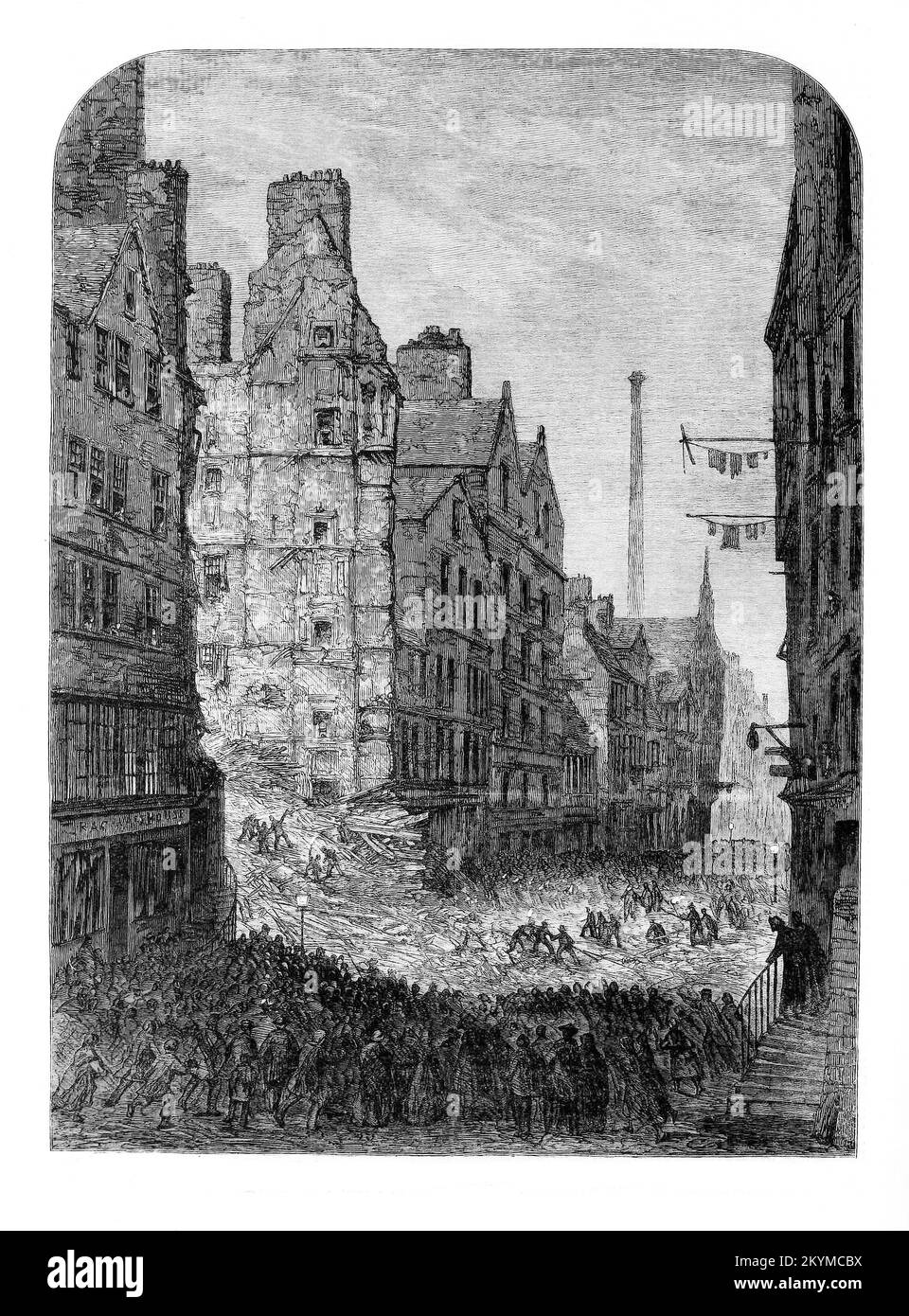 Der Zusammenbruch eines Edinburgh Mietshauses mit Todesopfern im November 1861. Von 77 Bewohnern starben oder starben 35 im Krankenhaus an ihren Verletzungen. Das 250 Jahre alte siebenstöckige Gebäude bestand größtenteils aus Holz, das in dieser verhängnisvollen Nacht gestürzt wurde. Es lag im Herzen der dicht besiedelten Altstadt von Edinburgh, an der Nordseite der High Street. Das City Improvement Act wurde 1867 verabschiedet. Und gegen Ende des 19.. Jahrhunderts war ein Großteil der mittelalterlichen Wohnungen der Altstadt verschwunden. Stockfoto