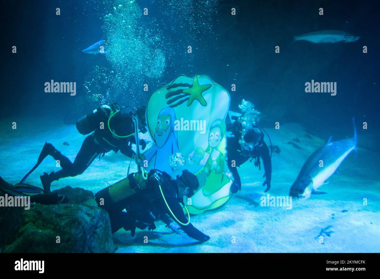 Madrid, Spanien. 01.. Dezember 2022. Taucher, die die traditionelle Weihnachtsszene im Haifischbecken des Aquariums im Zoo von Madrid als Teil der Weihnachtsfeier unter Wasser bringen. Kredit: Marcos del Mazo/Alamy Live News Stockfoto