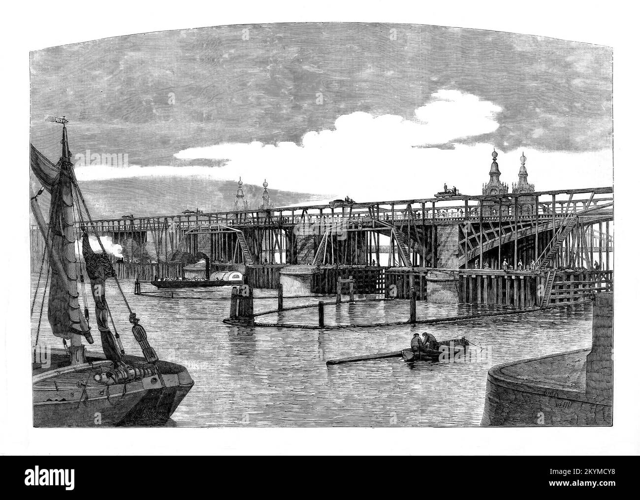 Bau der Victoria Railway Bridge über die Themse in London, zwischen Vauxhall Bridge und Chelsea Bridge. Die heute als Grosvenor Bridge bezeichnete Brücke wurde 1860 errichtet und 1865 und 1907 erweitert. Stockfoto