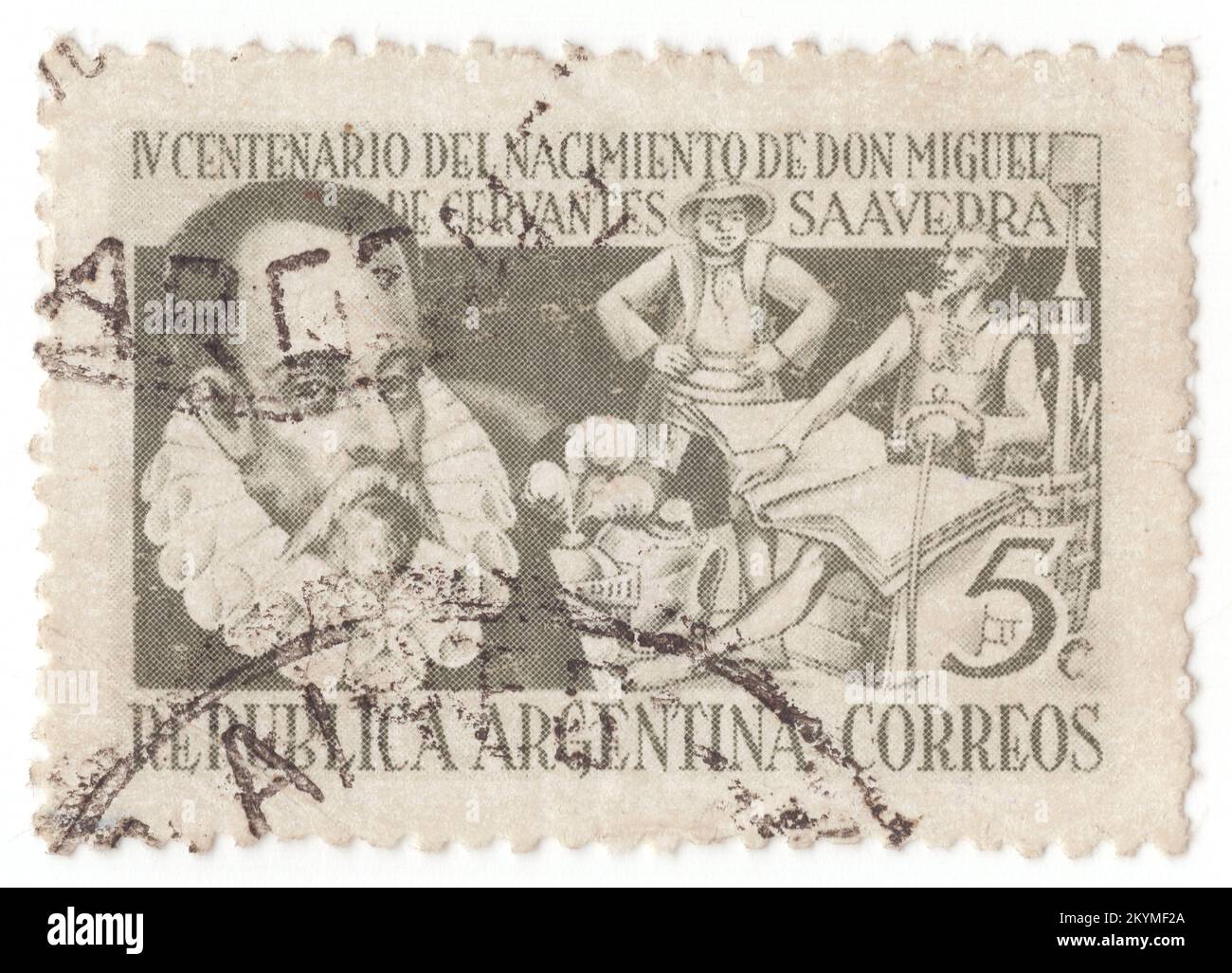 ARGENTINIEN - 1947 Uhr: 5 olivgrüner Briefmarken mit Porträt von Cervantes und Figuren von Don Quijote. Miguel de Cervantes Saavedra, Dramatiker und Dichter, zum 400.. Geburtstag. Miguel de Cervantes Saavedra war ein früher, moderner spanischer Schriftsteller, der weithin als der größte Schriftsteller der spanischen Sprache und einer der weltweit führenden Schriftsteller gilt. Er ist am besten bekannt für seinen Roman Don Quijote, ein Werk, das oft sowohl als erster moderner Roman als auch als einer der Grundpfeiler der Weltliteratur bezeichnet wird Stockfoto