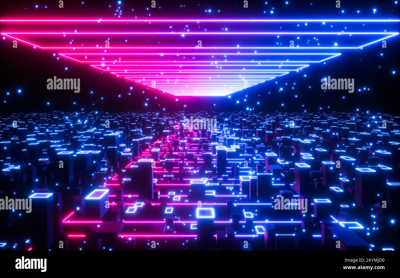 Leuchtende Würfel und Neonlinien, Neontunnel und Materialien, 3D-Rendering. Digitale Zeichnung. Stockfoto