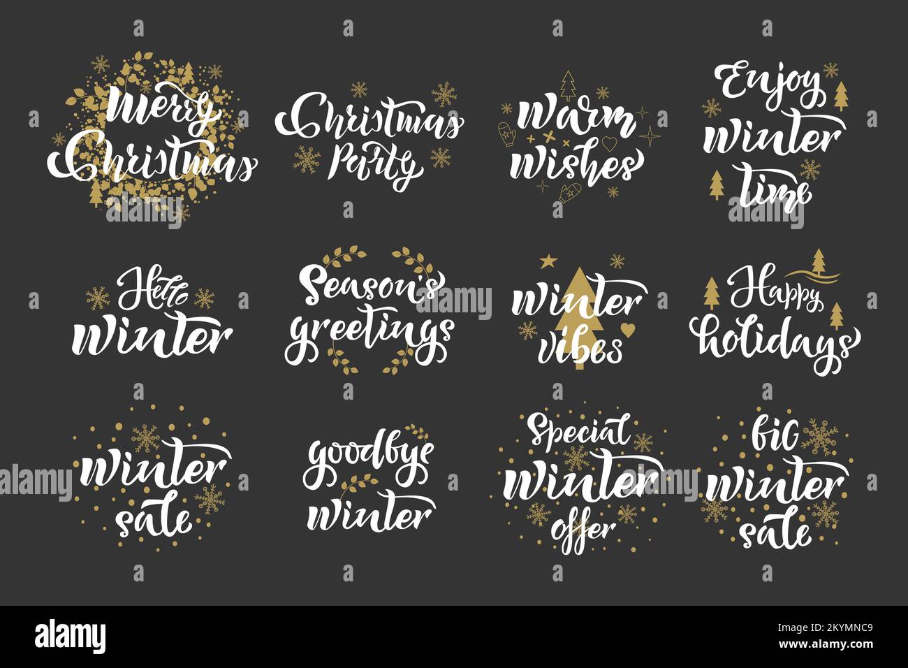 Winterweihnachtsset. Weihnachtszettel. Kalligraphisches Schriftdesign. Typografie für Postkarten, Poster und Banner. Vektordarstellung Stock Vektor