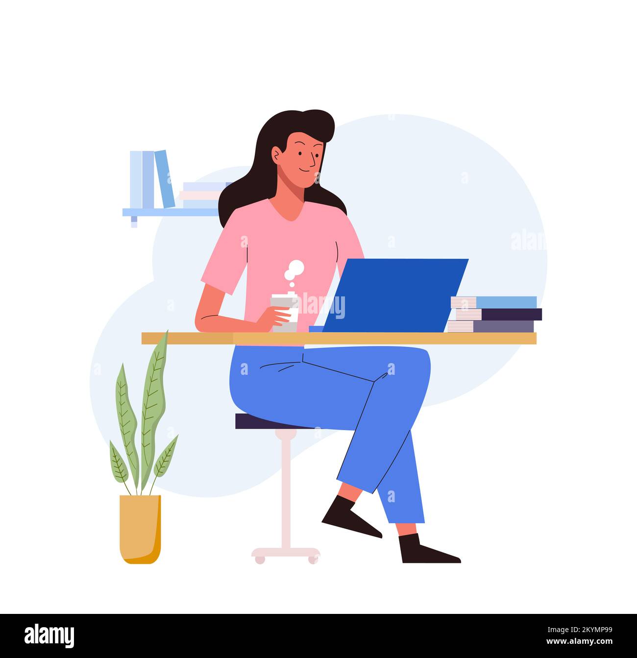 Frau studiert online am Computer. Online-Schulungskonzept. E-Learning durch Webinar-Schulung. Studentenfigur zu Hause Stock Vektor