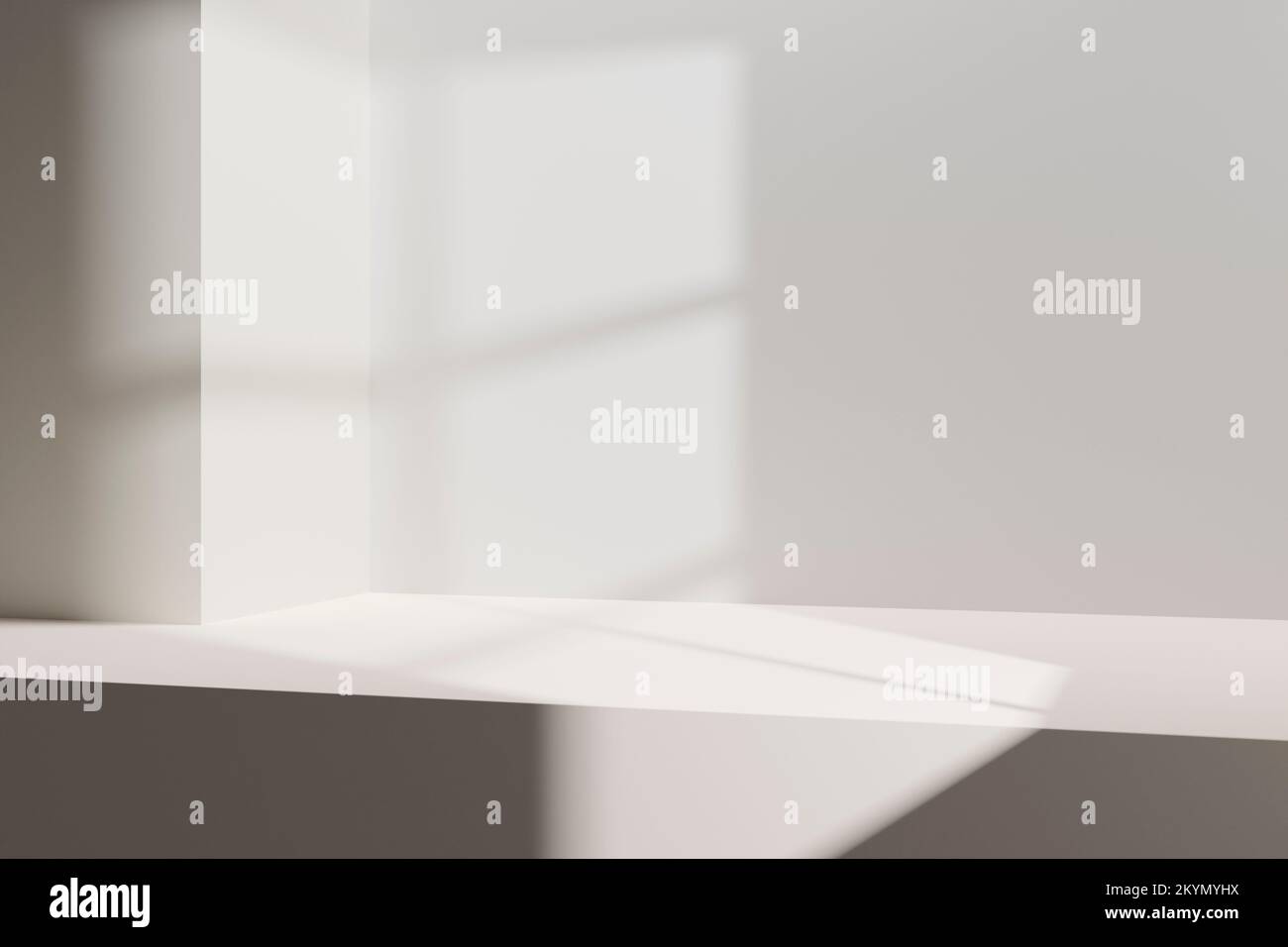 Realistische 3D-Darstellung der weißen Wand mit Regal- und Fensterleuchte. Stockfoto