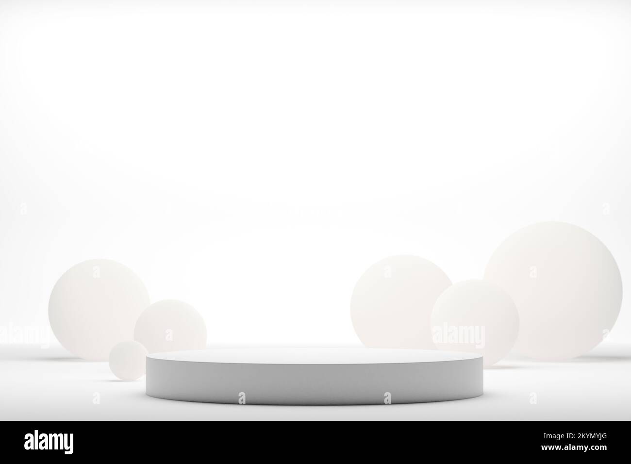Realistische weiße 3D-Rendering-Plattform für die Produktanzeige mit Kugeln. Stockfoto