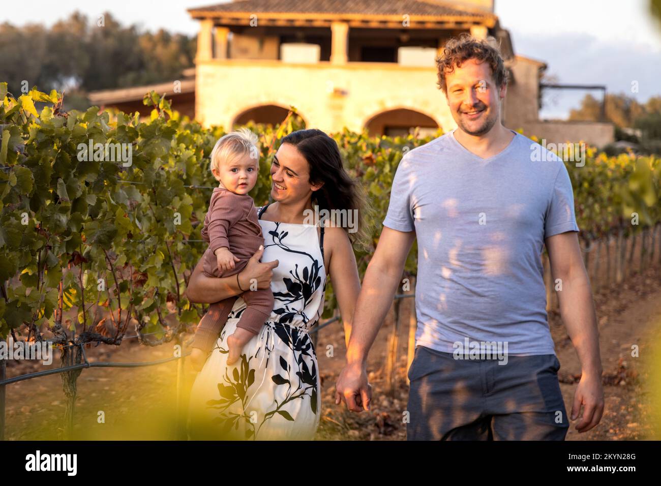 Junge Familie auf einem Spaziergang durch einen mediterranen Weinberg Stockfoto
