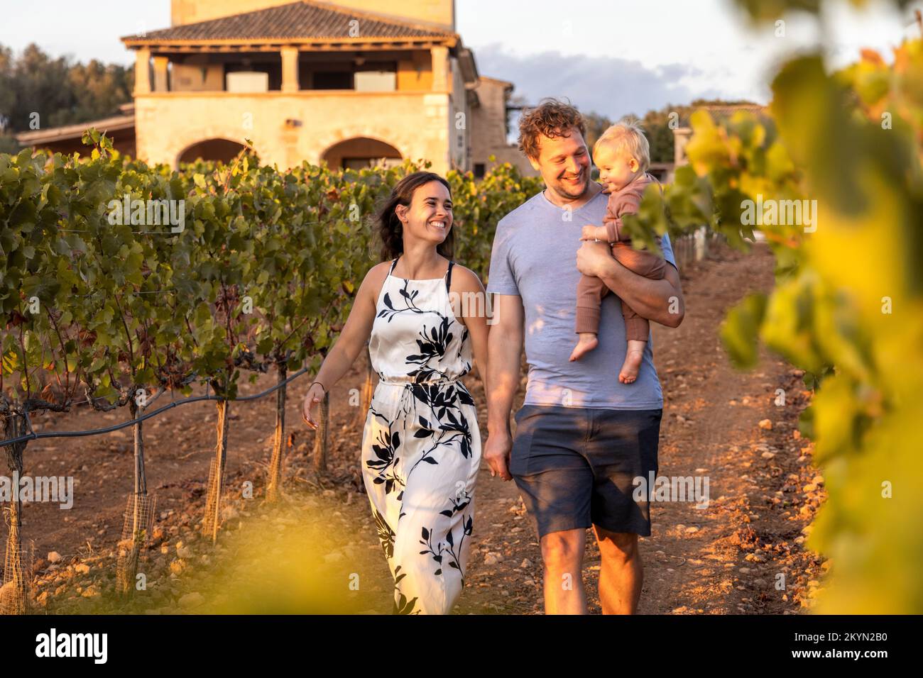 Glückliche Familie bei einem Spaziergang durch einen mediterranen Weinberg Stockfoto