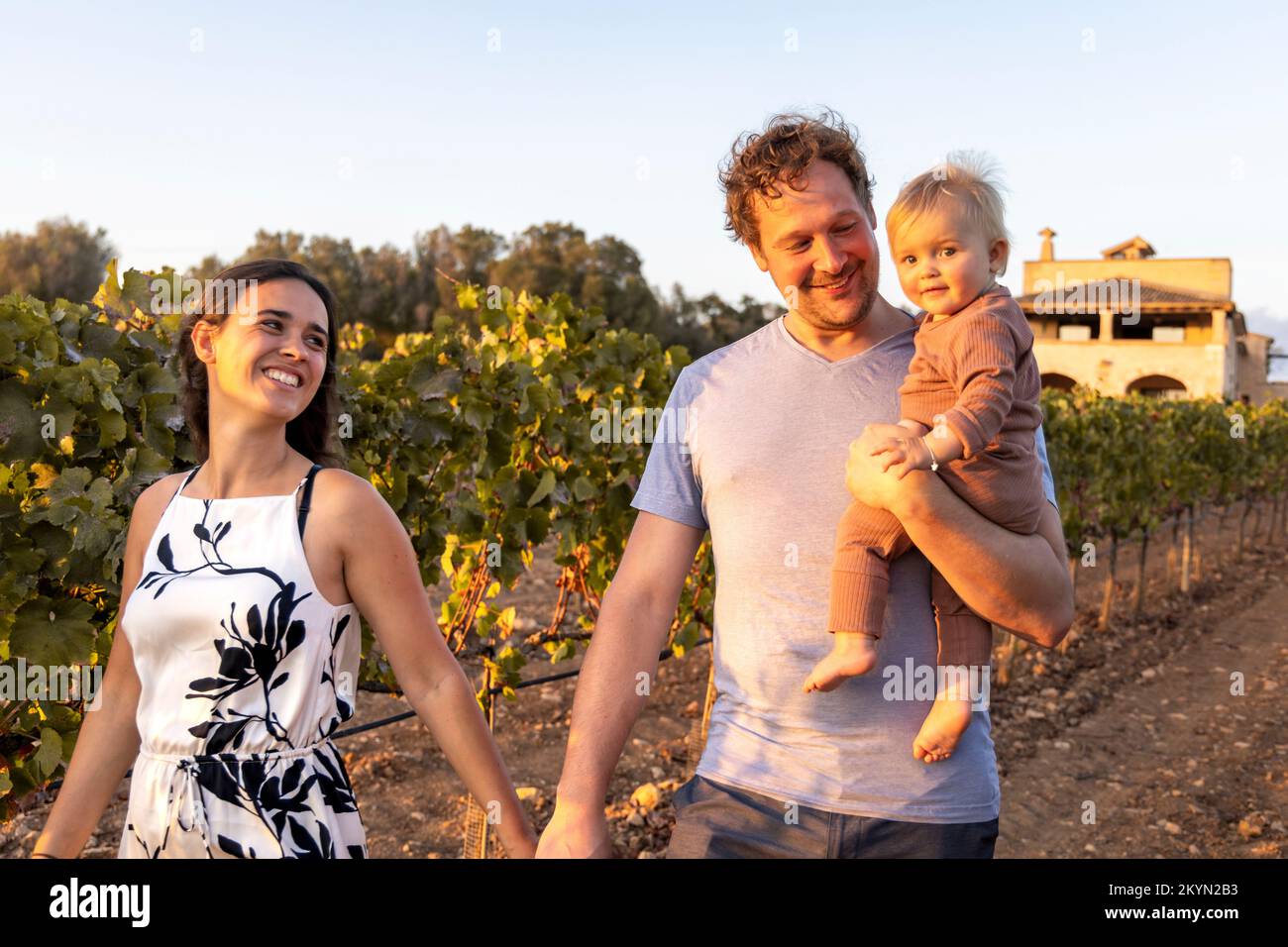 Eine junge Familie macht einen Spaziergang durch einen mediterranen Weinberg Stockfoto