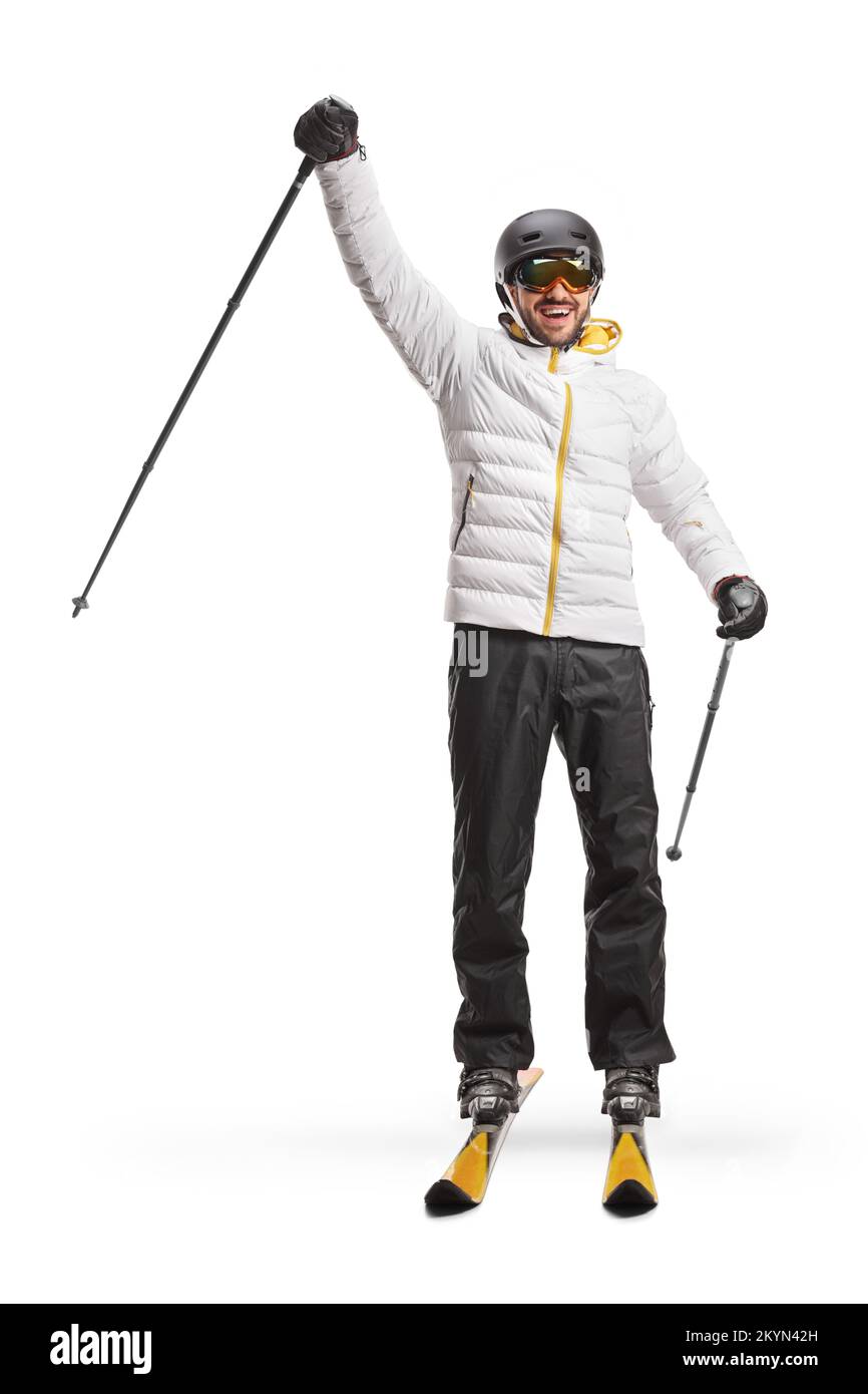 Das Porträt eines männlichen Skifahrers, das Glück auf weißem Hintergrund gezeichnet hat Stockfoto