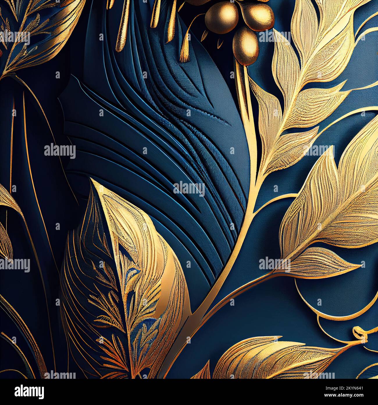 Digital erzeugte Art déco-Dekorelemente in Blau und Gold. Blätter. Stockfoto