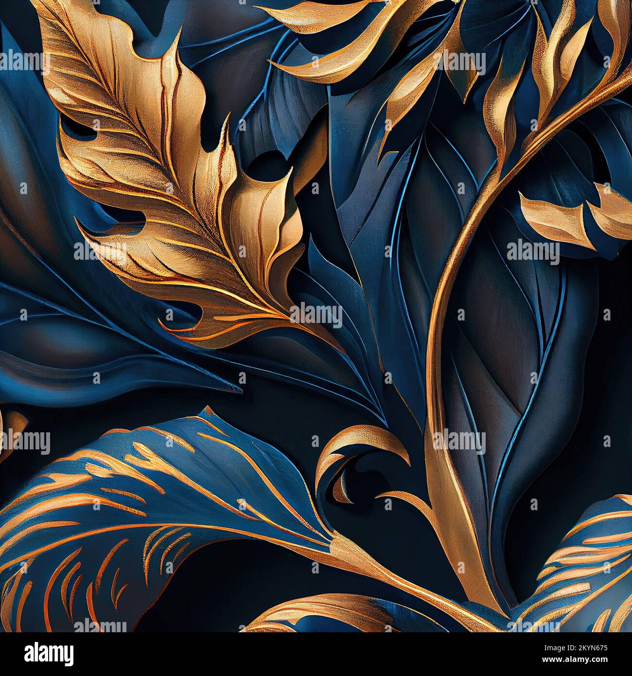 Digital erzeugte Art déco-Dekorelemente in Blau und Gold. Blätter. Stockfoto