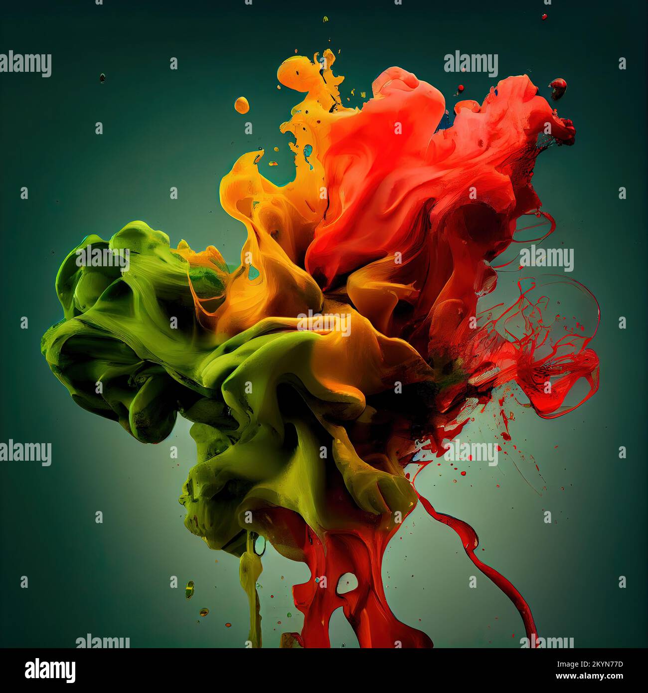 Chaos-Konzept. Abbildung einer Tinte in Wasser mit gelben, orangefarbenen und grünen Farben auf einem nahtlosen grünen Hintergrund. Stockfoto
