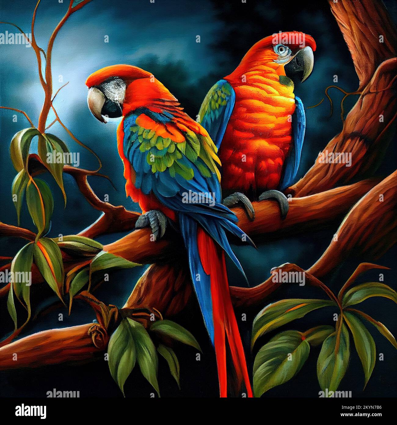 Ein digitalistisches Gemälde von zwei bunten Papageien, die auf einem Ast sitzen Stockfoto