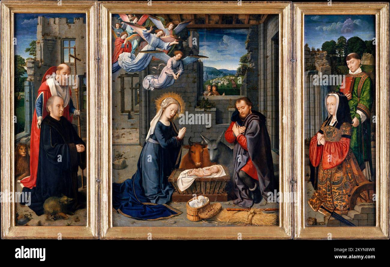 The Nativity with Donors and Saints Jerome and Leonard von Gerard David (c.1450/60-1523), Öl auf Leinwand aus Holz, c. 1510-15 Stockfoto