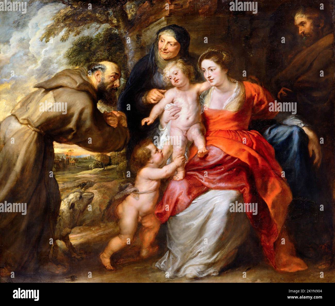 Die Heilige Familie mit den Heiligen Franziskus und Anne und der kleine Heilige Johannes der Täufer von Peter Paul Rubens (1577-1640), Öl auf Leinwand, Anfang oder Mitte 1630er Stockfoto