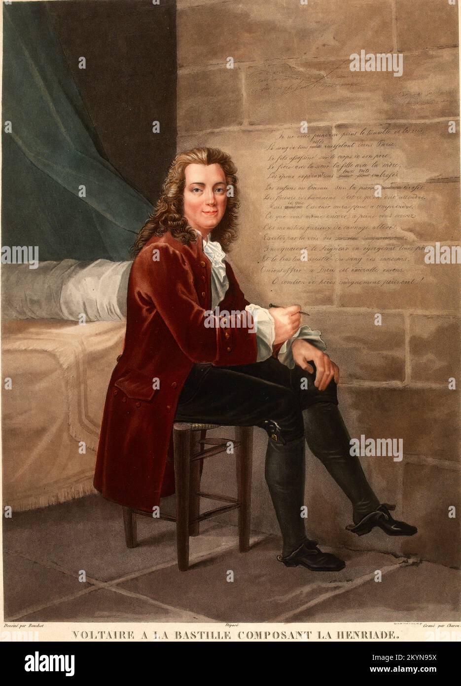 Voltaire in der Bastille komponierte die Henriade von Charon, Louis Francois im Jahre 1822 Stockfoto